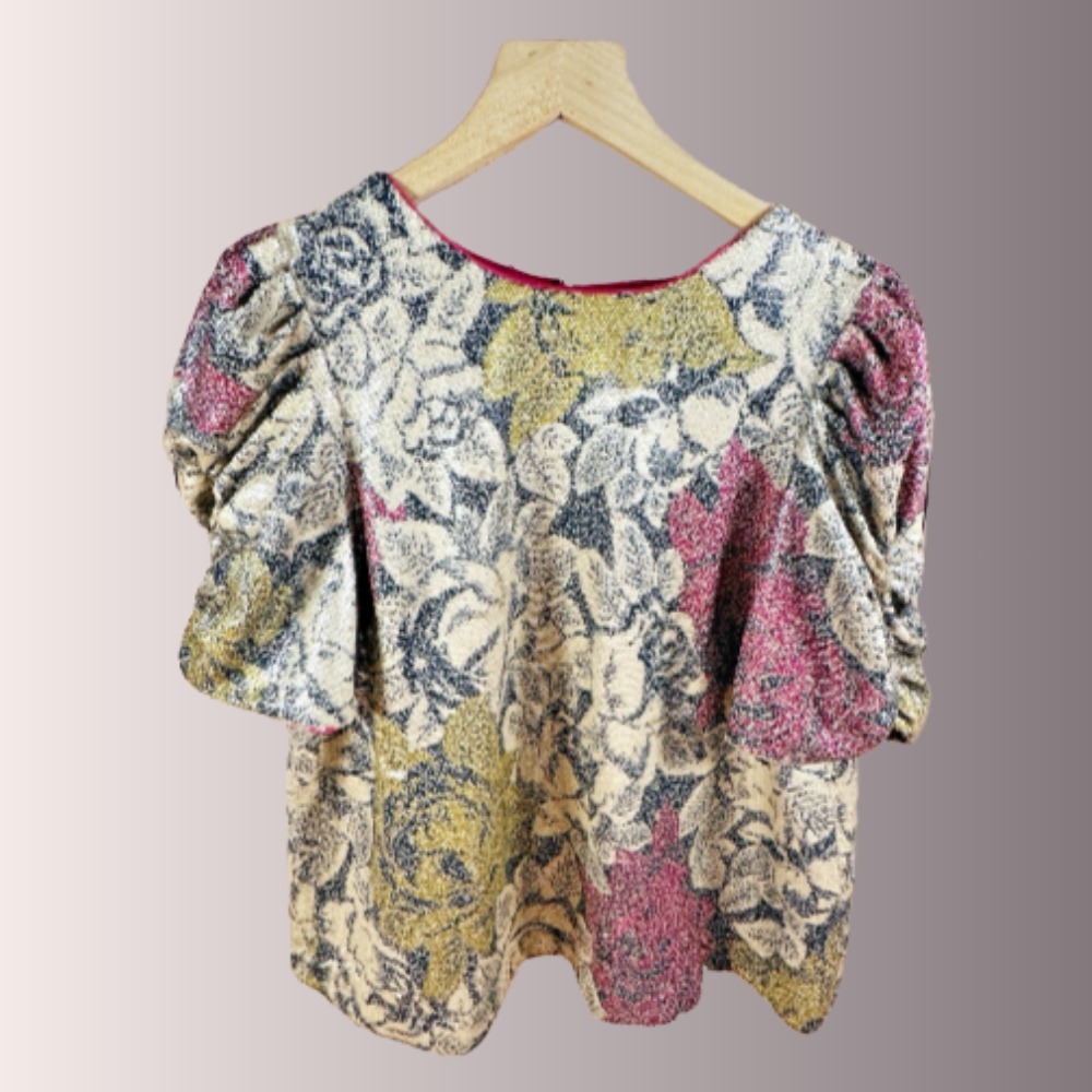 Anthropologie Marie Floral Sequin Top Sz 10 Puff Sleeve Sequined Dress Womens